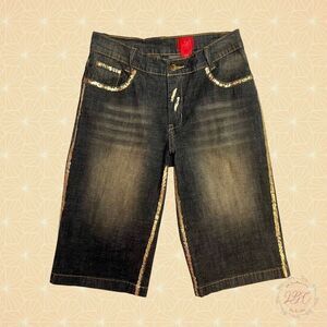 V Cristina Dark Jean Shorts Gold Paint Accent Low Rise. Size 4